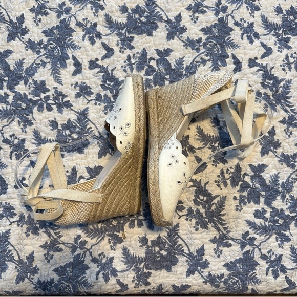J Crew Shoes Espadrille Wedge Cream & Tan Ankle Lace Up Boho Leather Eyelet Sz 9 - Picture 2 of 10